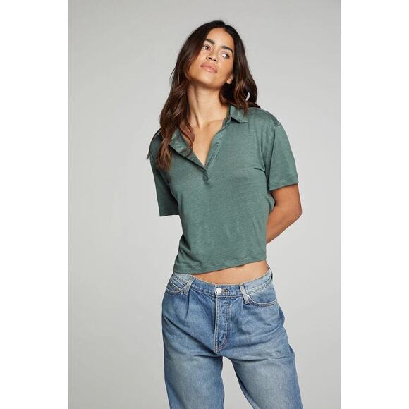 Chaser Green Cropped Polo Boxy Short Sleeved Tee Size Small - Picture 1 of 6